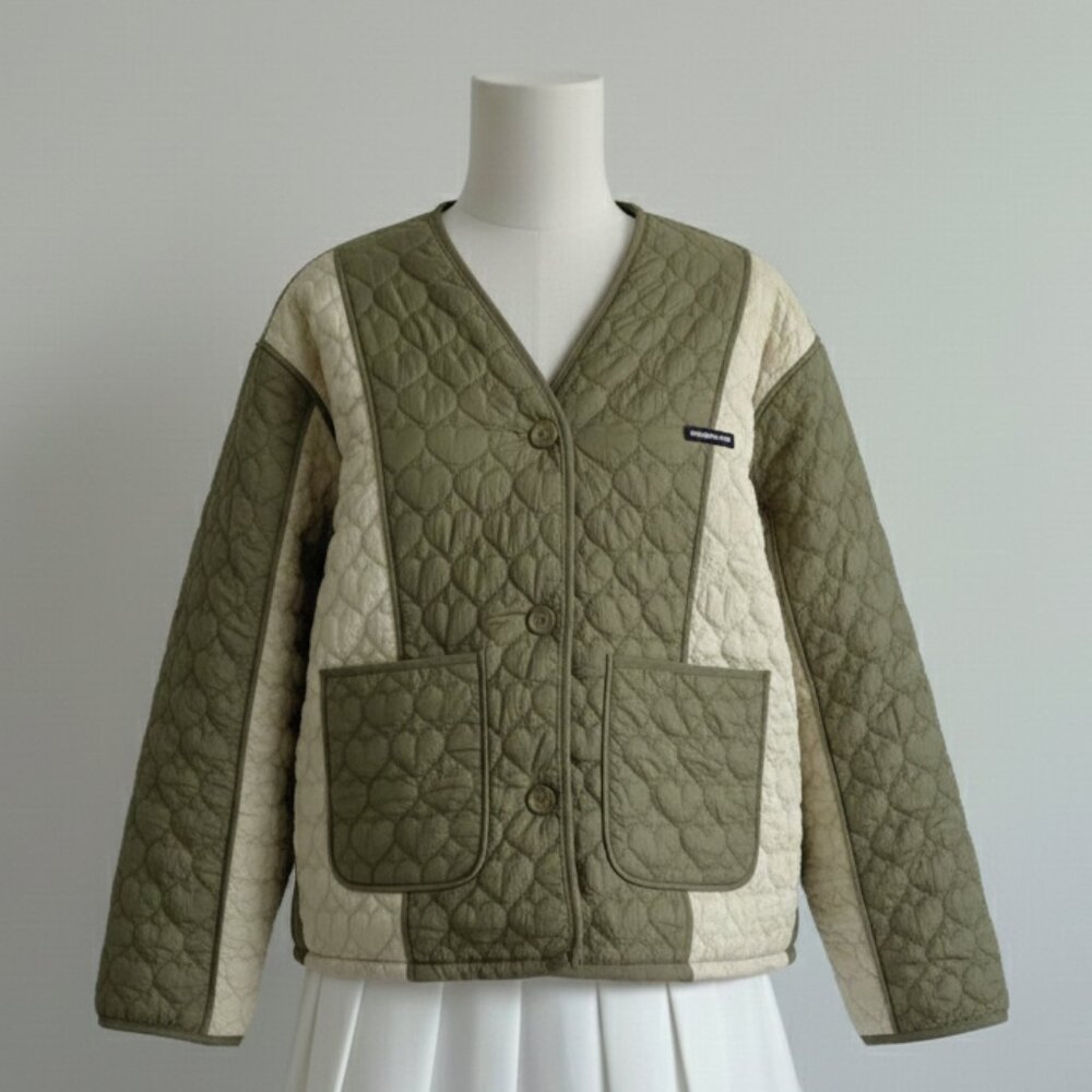 NWOT Chuu Green Heart Quilted Bomber Jacket